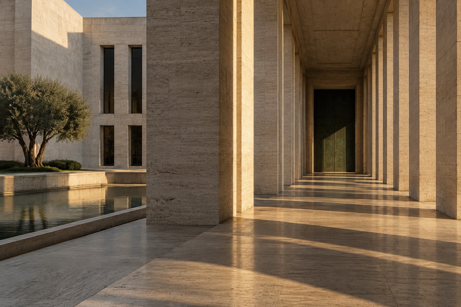 Cortile contemporaneo in travertino attraversato dalla luce del pomeriggio